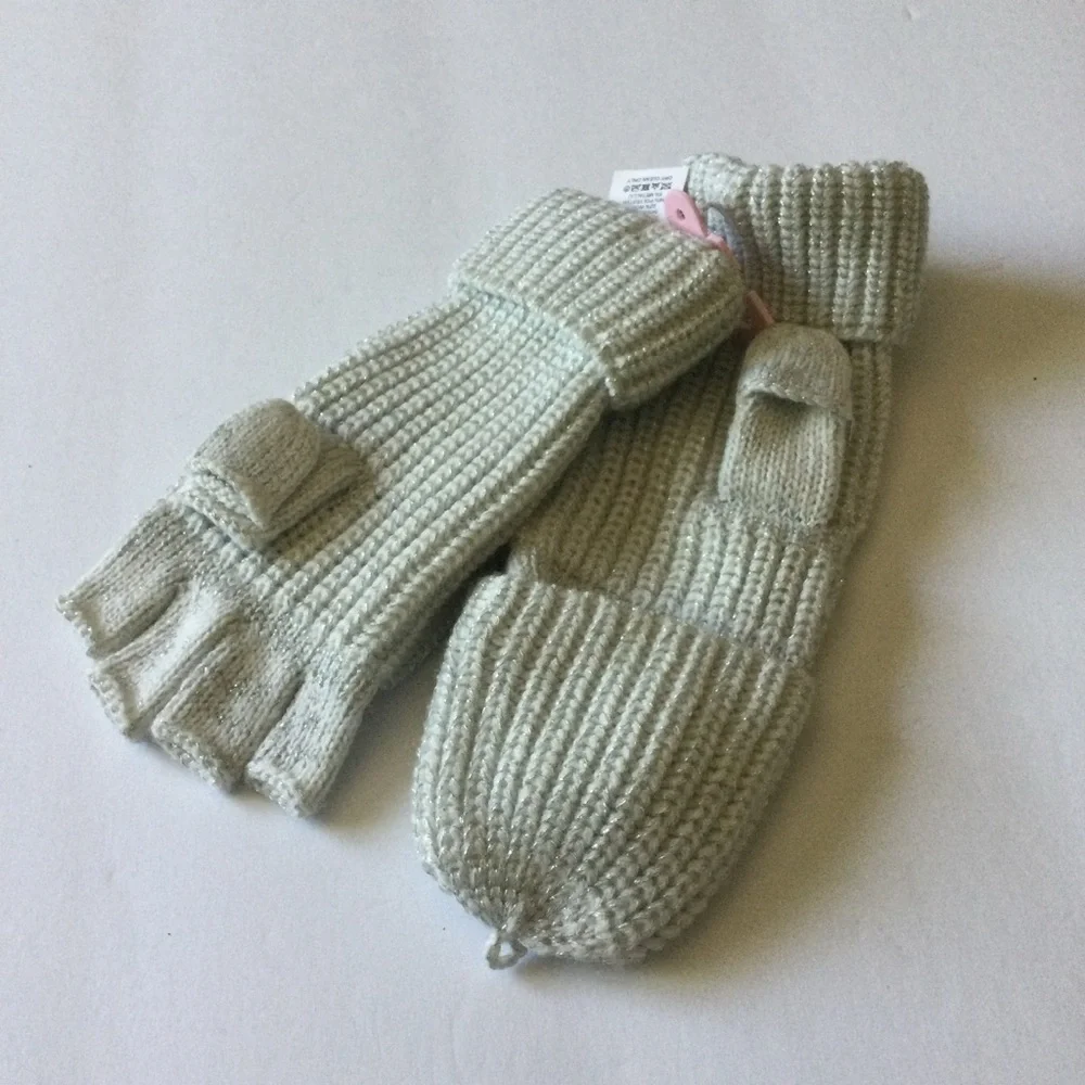 KATE SPADE METALLIC BOW POP TOP CONVERTIBLE MITTENS FINGERLESS GLOVES SILVER NWO